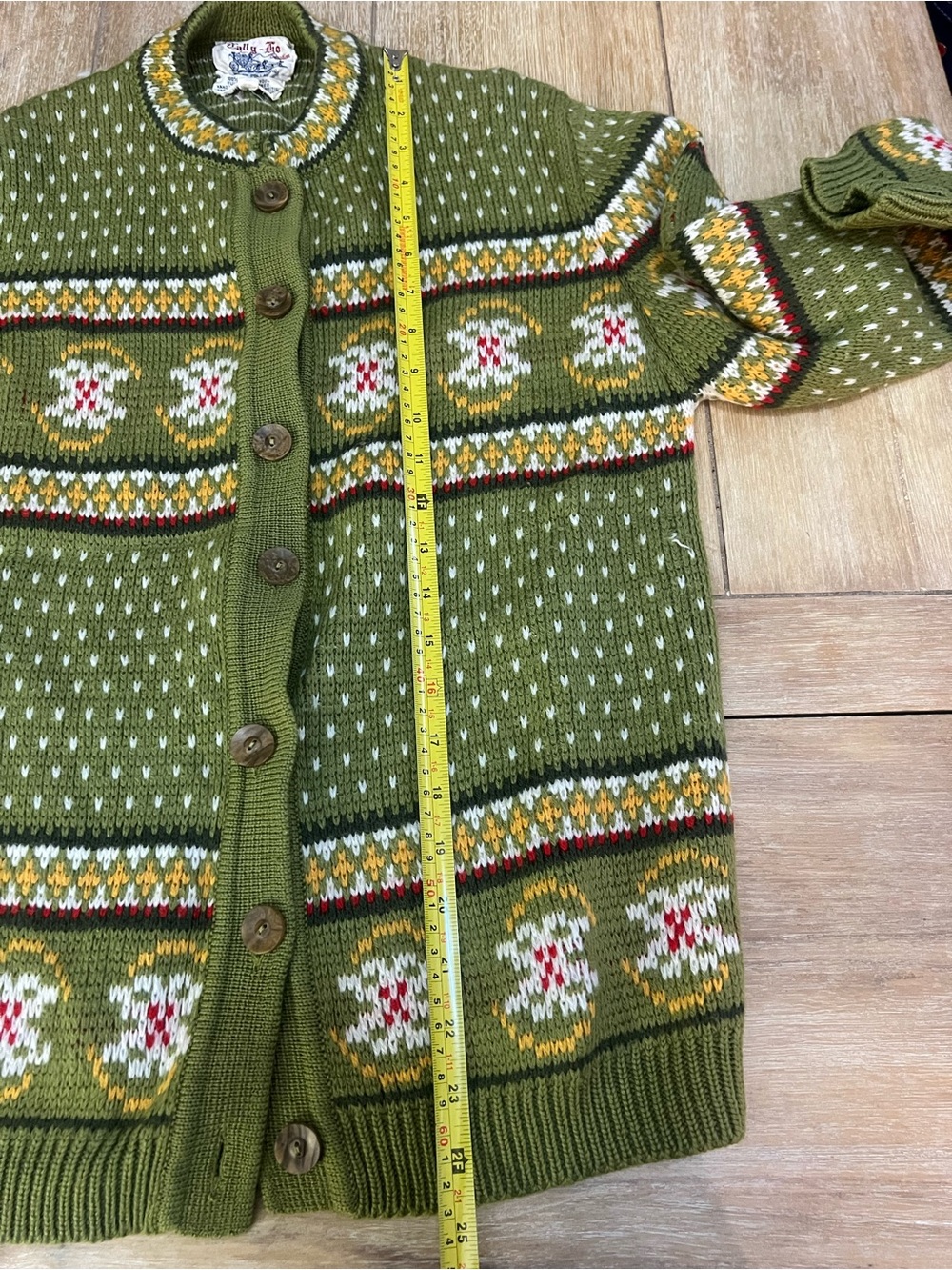 Tally Ho Olive Green Knit Cardigan with Fair Isle Accents - Picture 4 of 5
